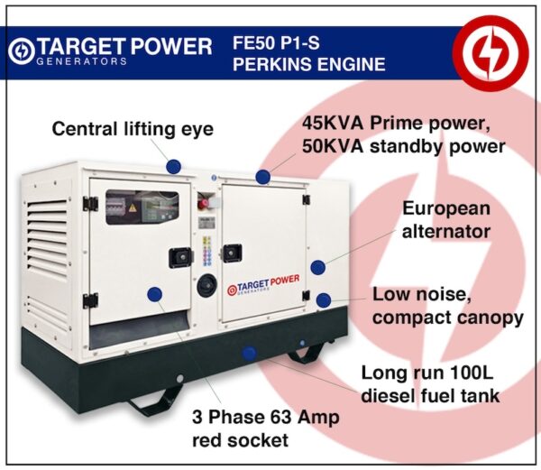 Flyer highlighting the benefits of a FE50 P1-S Perkins generator