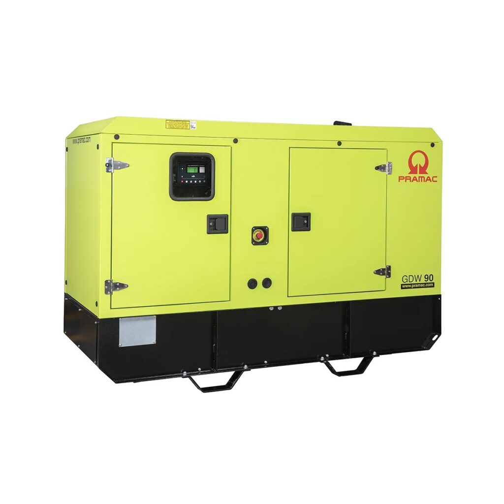 Image of a Pramac GDW90P:FNE silent diesel generator, providing 80KVA of power in three phases