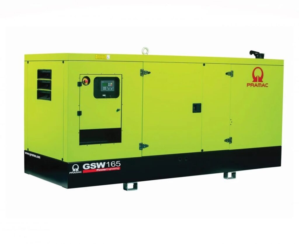 Image of a Pramac GSW165P silent diesel generator, delivering 150KVA of power in three phases