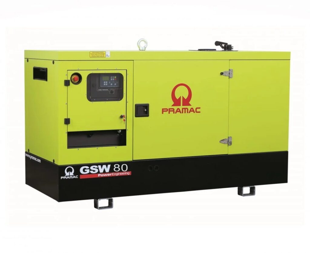 Image of a Pramac GSW80P silent diesel generator, delivering 78KVA of power in three phases