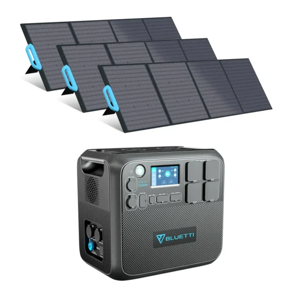 Alternative text: Bluetti AC200MAX power station combined with three PV200 solar panels in the Bluetti AC200MAX + 3x PV200 2,200W Solar Generator Kit, offering a robust and versatile solar power solution for various applications, including off-grid living, outdoor adventures, and emergency backup power