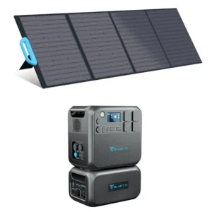 Alternative text: Bluetti AC200MAX power station combined with B230 battery module and PV200 solar panel in the Bluetti AC200MAX + B230 + PV200 Solar Generator Kit, offering a comprehensive solar power solution for off-grid living, outdoor activities, and emergency backup power needs.