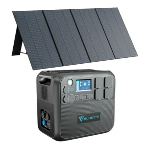 Alternative text: Bluetti AC200MAX power station paired with PV350 solar panels in the Bluetti AC200MAX + PV350 2,200W Solar Generator Kit, providing a reliable 2,200W solar power solution for off-grid living, outdoor adventures, and emergency backup power