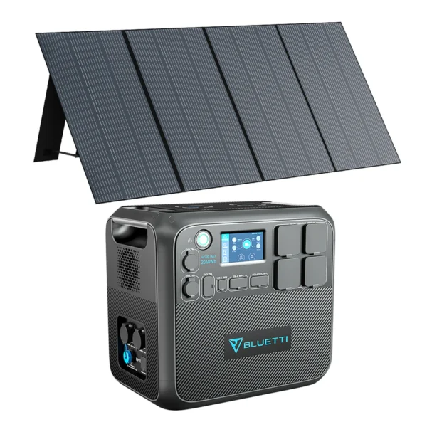 Alternative text: Bluetti AC200MAX power station paired with PV350 solar panels in the Bluetti AC200MAX + PV350 2,200W Solar Generator Kit, providing a reliable 2,200W solar power solution for off-grid living, outdoor adventures, and emergency backup power