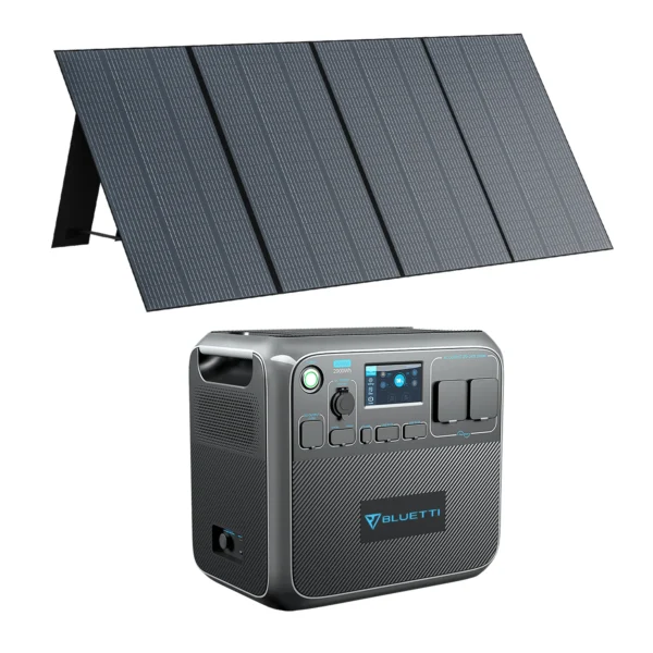 Alternative text: Portable power station Bluetti AC200P paired with PV350 solar panels in the Bluetti AC200P + PV350 Solar Generator Kit, offering a versatile renewable energy solution for outdoor activities, off-grid power needs, and emergency backup power