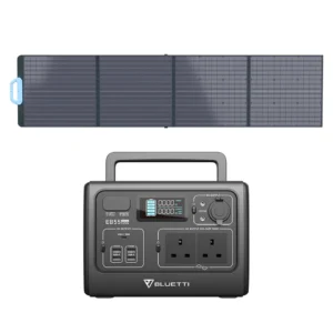 Alternative text: Image depicting the Bluetti EB55 700W power station paired with PV200 solar panels in the Bluetti EB55 700W + PV200 Solar Generator Kit, offering a compact and efficient solar power solution for various outdoor and off-grid applications