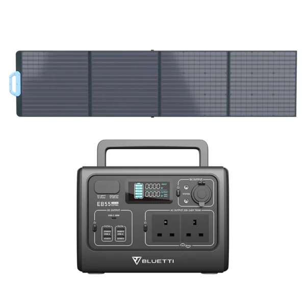 Alternative text: Image depicting the Bluetti EB55 700W power station paired with PV200 solar panels in the Bluetti EB55 700W + PV200 Solar Generator Kit, offering a compact and efficient solar power solution for various outdoor and off-grid applications