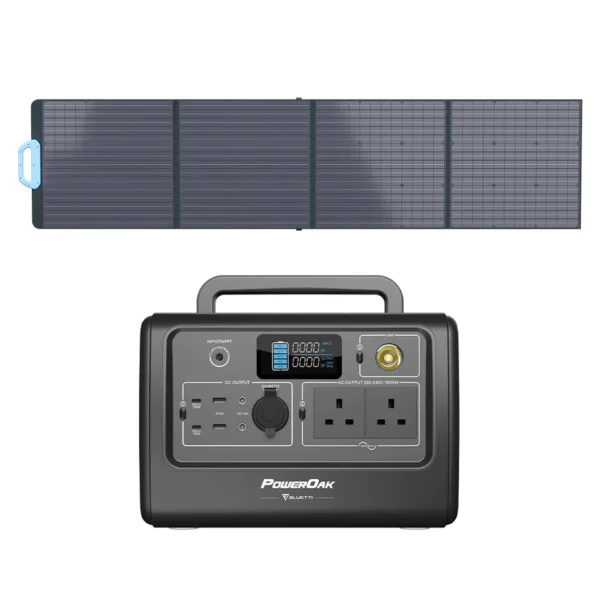 Alternative text: Bluetti EB70 power station combined with PV200 solar panels in the Bluetti EB70 + PV200 Solar Panel 1000W Solar Generator Kit, providing a portable and efficient solar power solution ideal for outdoor adventures, off-grid living, and emergency backup power