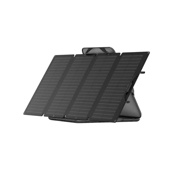 Alternative text: EcoFlow 160W Portable Solar Panel, designed to efficiently capture solar energy for charging portable power stations and devices in outdoor environments, emergencies, and off-grid situations