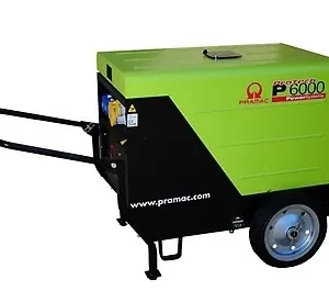 Pramac P6000 5.3KW 230V/110V generator with included wheel kit, providing versatile power solutions with mobility for various applications