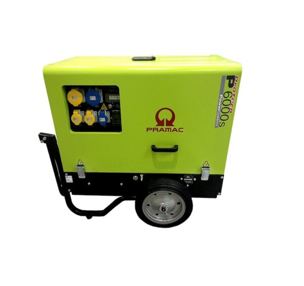 Pramac P6000S 5.4KW super silent portable diesel generator with folded wheel kit, offering convenient mobility and quiet operation for various applications