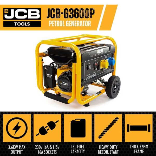 Key features of the JCB-G3600P generator, including heavy-duty construction, reliable recoil start, and puncture-proof wheels for easy maneuverability.