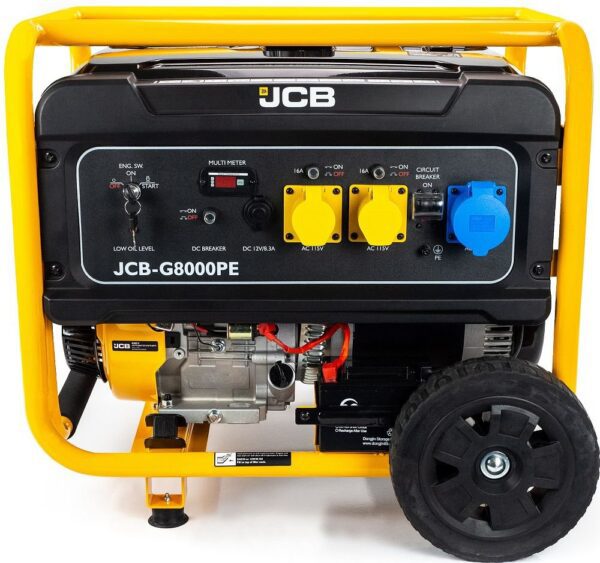 JCB-G8000PE generator featuring both 115V and 230V power outlets, offering versatility for powering a wide range of equipment and devices