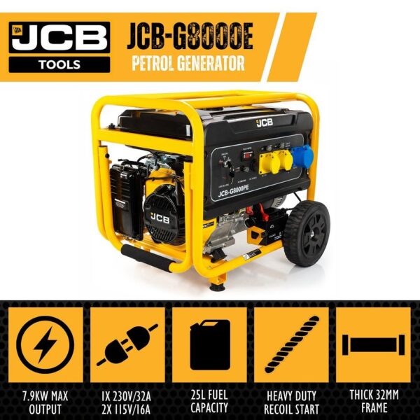Key features of the JCB-G8000PE petrol generator, highlighting its robust construction, reliable performance, and versatility for various applications