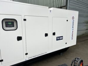 TV285 Volvo diesel generator, 250kVA prime rated, housed in a soundproofed model. Manufactured by Target Power Generators.
