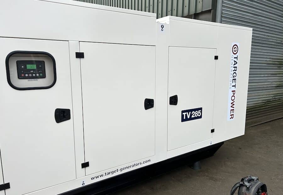 TV285 Volvo diesel generator, 250kVA prime rated, housed in a soundproofed model. Manufactured by Target Power Generators.