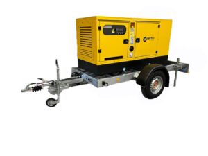 Image of a diesel generator, mounted onto a road towable trailer. 