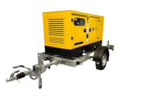 Ferbo FE66 P1-S 60kVA trailer-mounted diesel generator featuring a robust Perkins engine, soundproof canopy, and 100L fuel tank, mounted on a durable single-axle trailer for reliable mobile power at construction sites, outdoor events, and remote locations