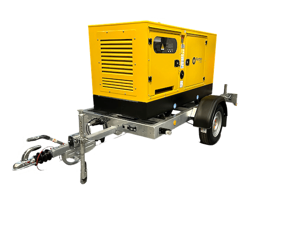 Ferbo FE66 P1-S 60kVA trailer-mounted diesel generator featuring a robust Perkins engine, soundproof canopy, and 100L fuel tank, mounted on a durable single-axle trailer for reliable mobile power at construction sites, outdoor events, and remote locations