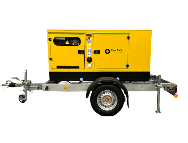 Ferbo FE50 P1-S 45kVA trailer-mounted diesel generator with a Perkins engine, 100L fuel tank, and soundproof canopy. Ideal for mobile power at construction sites and events